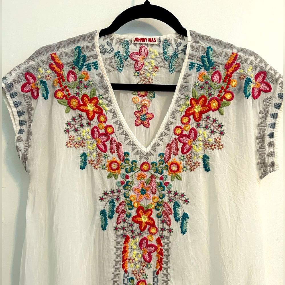 Johnny Was Sheer White Boho Embroidered V-neck Coverup Tunic